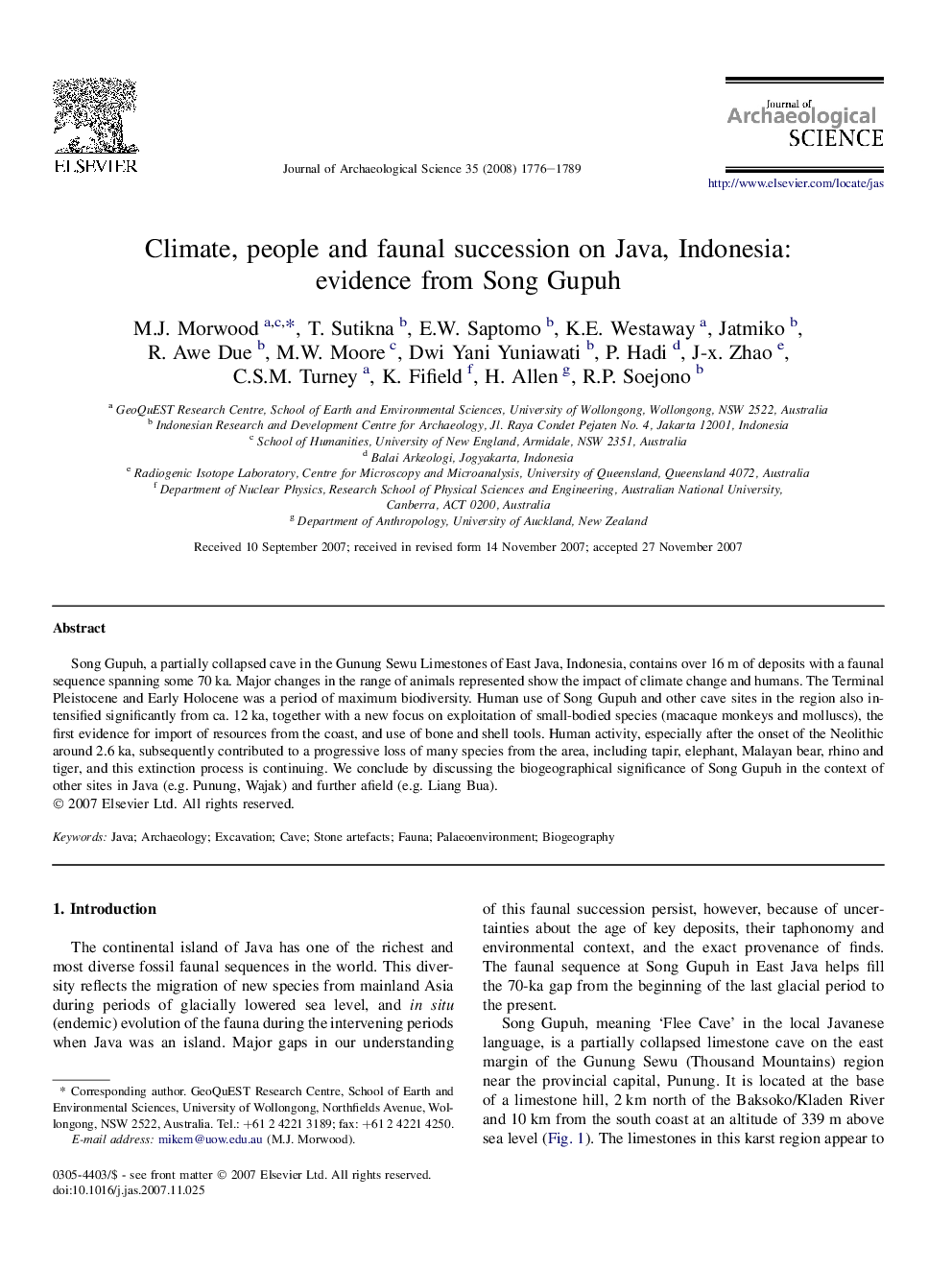 Climate, people and faunal succession on Java, Indonesia: evidence from Song Gupuh