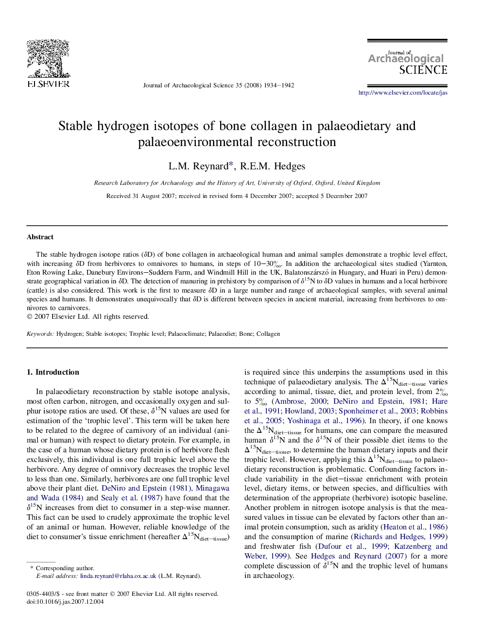 Stable hydrogen isotopes of bone collagen in palaeodietary and palaeoenvironmental reconstruction