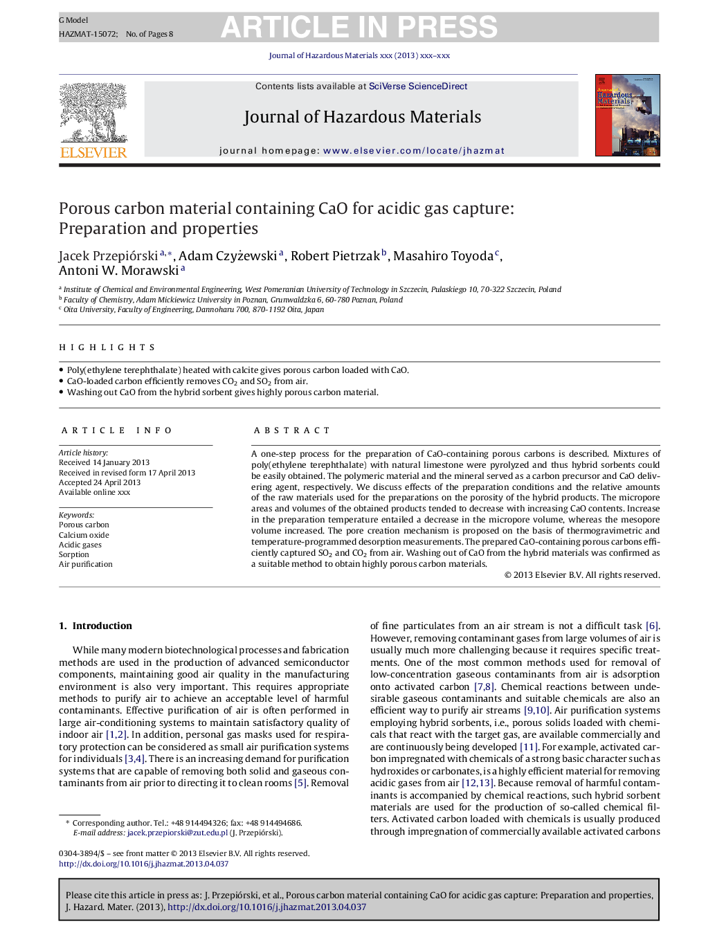 Porous carbon material containing CaO for acidic gas capture: Preparation and properties