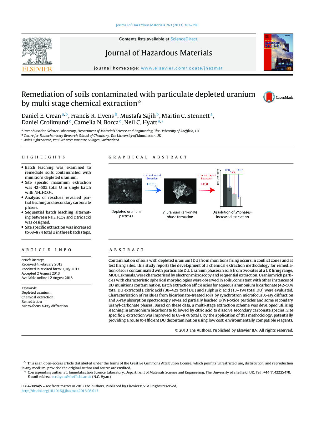 Remediation of soils contaminated with particulate depleted uranium by multi stage chemical extraction