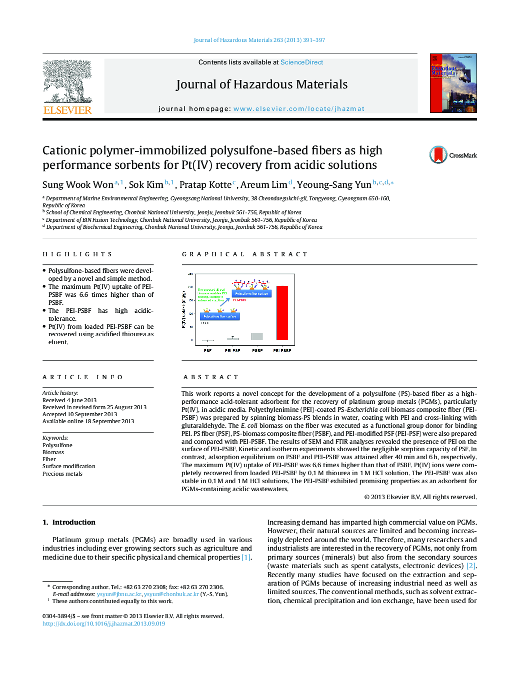 عکس صفحه اول مقاله: Cationic polymer-immobilized polysulfone-based fibers as high performance sorbents for Pt(IV) recovery from acidic solutions Cationic polymer-immobilized polysulfone-based fibers as high performance sorbents for Pt(IV) recovery from acidic solutions