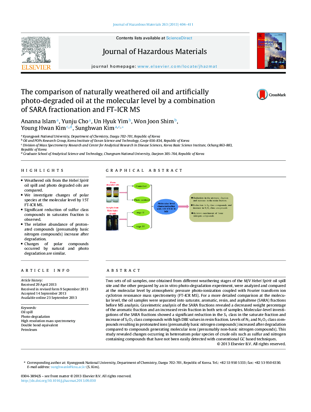 The comparison of naturally weathered oil and artificially photo-degraded oil at the molecular level by a combination of SARA fractionation and FT-ICR MS