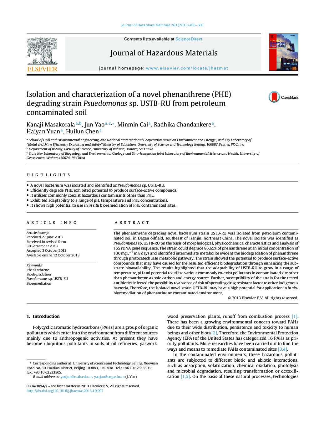 Isolation and characterization of a novel phenanthrene (PHE) degrading strain Psuedomonas sp. USTB-RU from petroleum contaminated soil