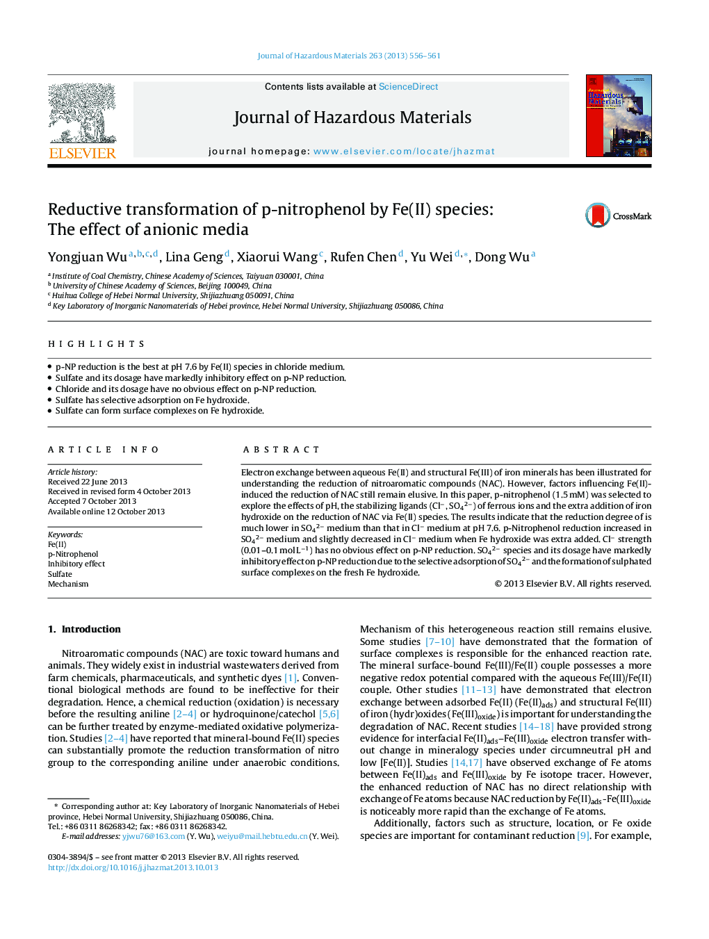 Reductive transformation of p-nitrophenol by Fe(II) species: The effect of anionic media