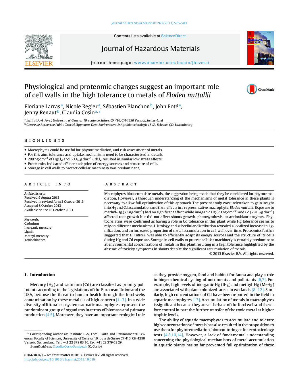 Physiological and proteomic changes suggest an important role of cell walls in the high tolerance to metals of Elodea nuttallii