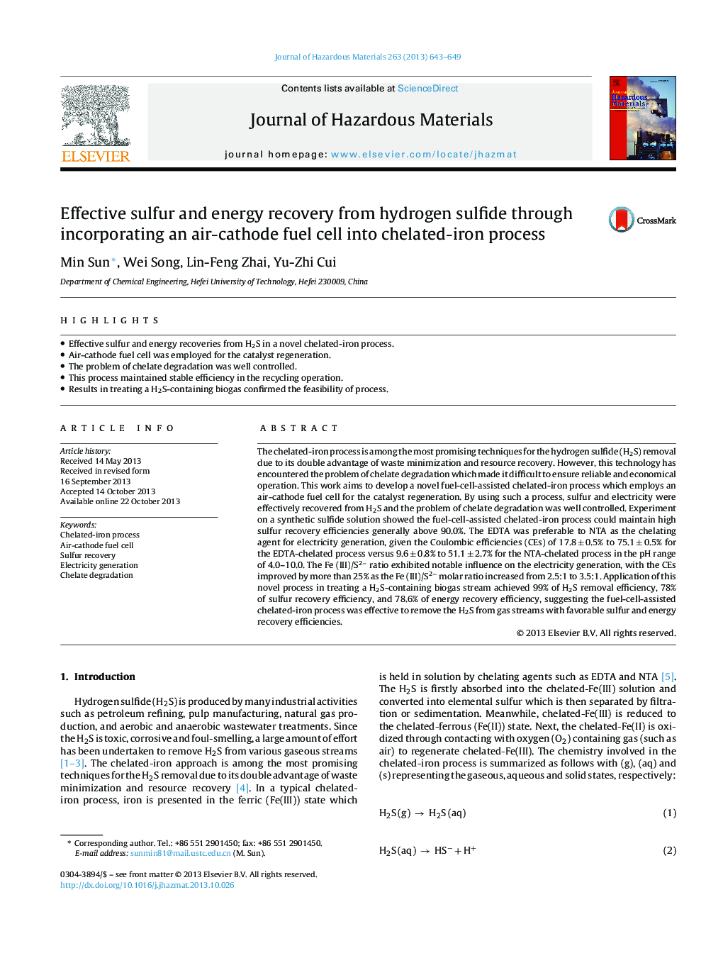 Effective sulfur and energy recovery from hydrogen sulfide through incorporating an air-cathode fuel cell into chelated-iron process