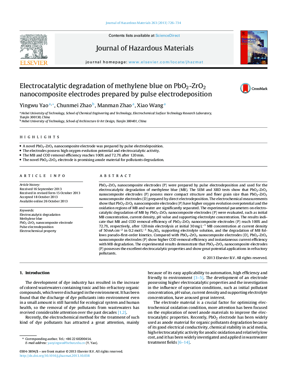 Electrocatalytic degradation of methylene blue on PbO2-ZrO2 nanocomposite electrodes prepared by pulse electrodeposition