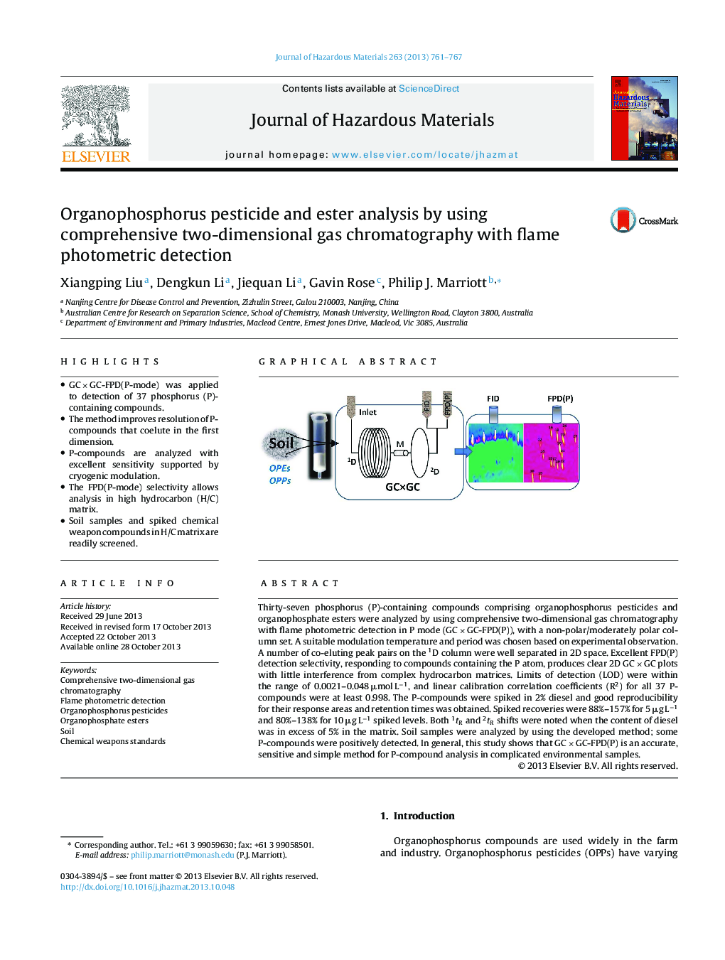 Organophosphorus pesticide and ester analysis by using comprehensive two-dimensional gas chromatography with flame photometric detection