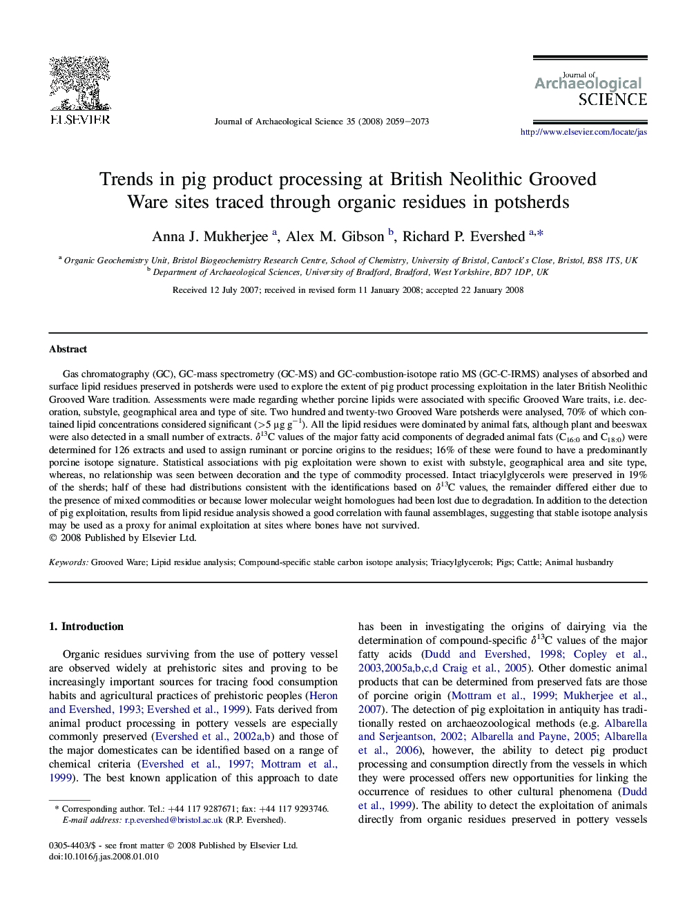 Trends in pig product processing at British Neolithic Grooved Ware sites traced through organic residues in potsherds
