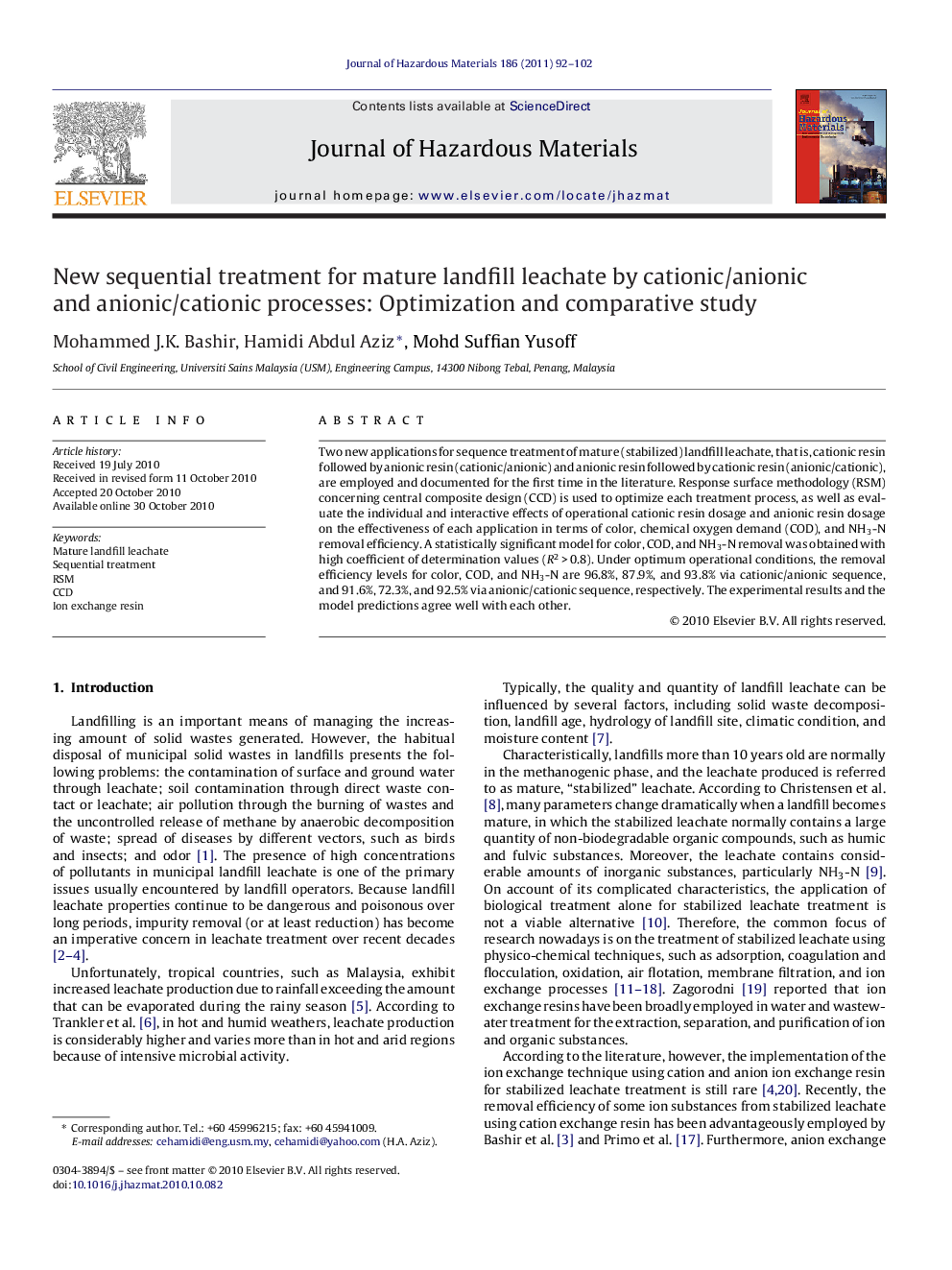 New sequential treatment for mature landfill leachate by cationic/anionic and anionic/cationic processes: Optimization and comparative study