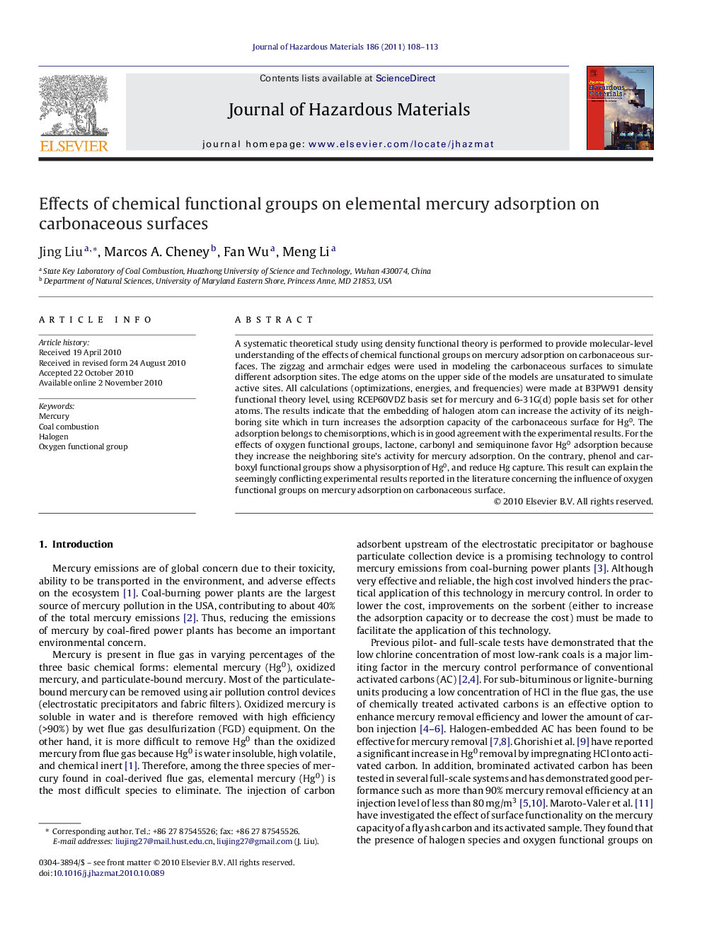 Effects of chemical functional groups on elemental mercury adsorption on carbonaceous surfaces