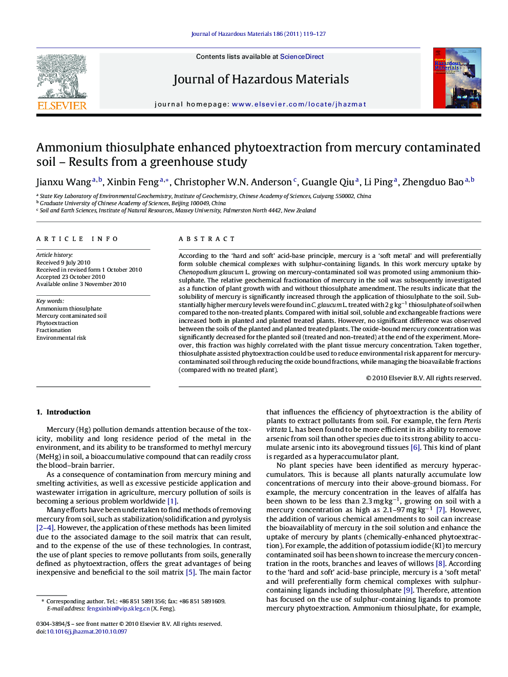 Ammonium thiosulphate enhanced phytoextraction from mercury contaminated soil - Results from a greenhouse study