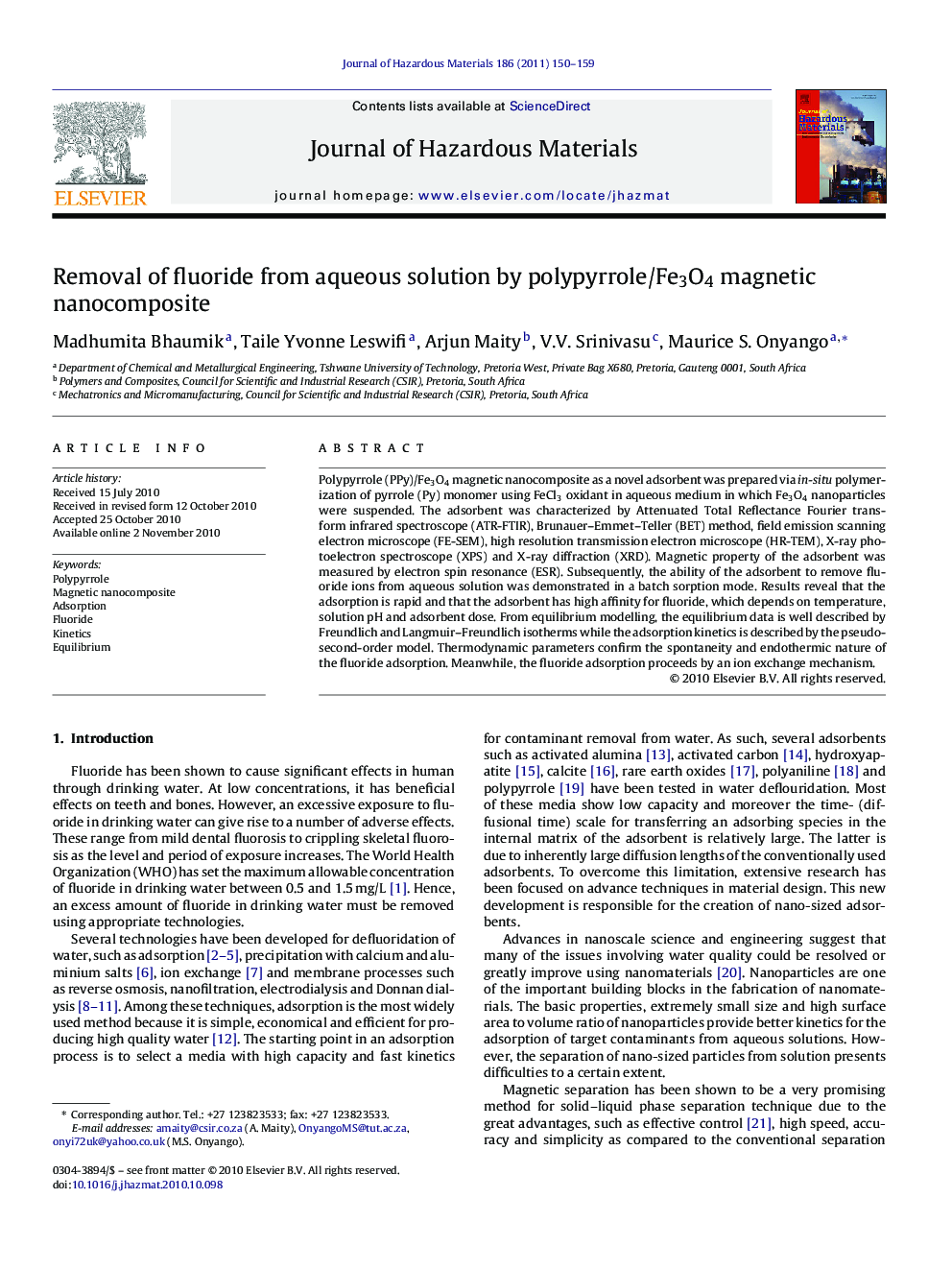 Removal of fluoride from aqueous solution by polypyrrole/Fe3O4 magnetic nanocomposite