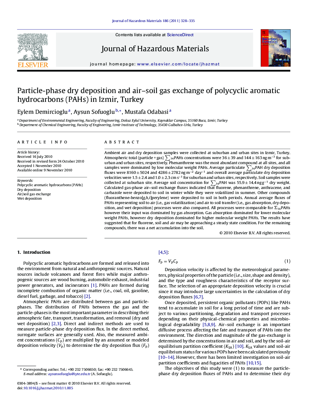 Particle-phase dry deposition and air-soil gas exchange of polycyclic aromatic hydrocarbons (PAHs) in Izmir, Turkey