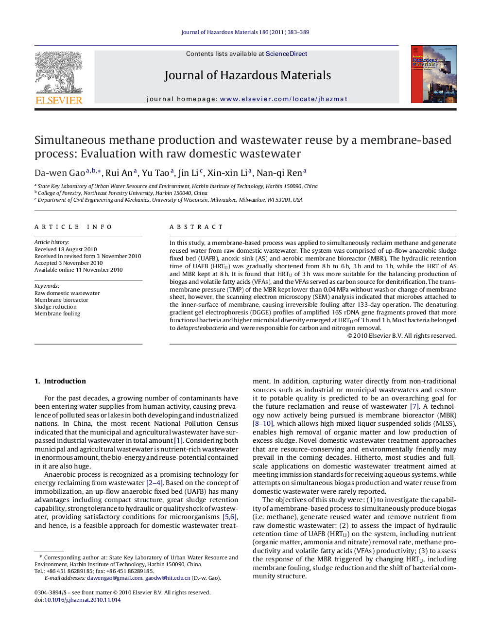 Simultaneous methane production and wastewater reuse by a membrane-based process: Evaluation with raw domestic wastewater