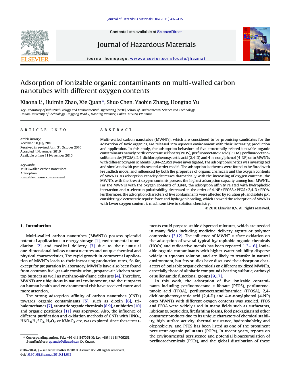 Adsorption of ionizable organic contaminants on multi-walled carbon nanotubes with different oxygen contents