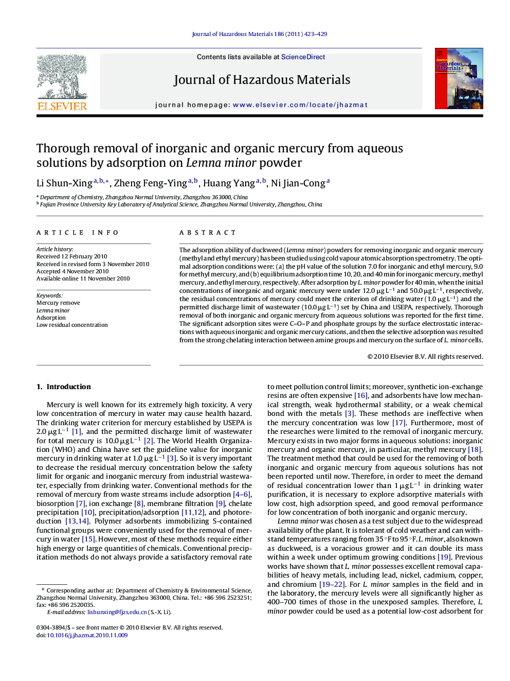 عکس صفحه اول مقاله: Thorough removal of inorganic and organic mercury from aqueous solutions by adsorption on Lemna minor powder Thorough removal of inorganic and organic mercury from aqueous solutions by adsorption on Lemna minor powder