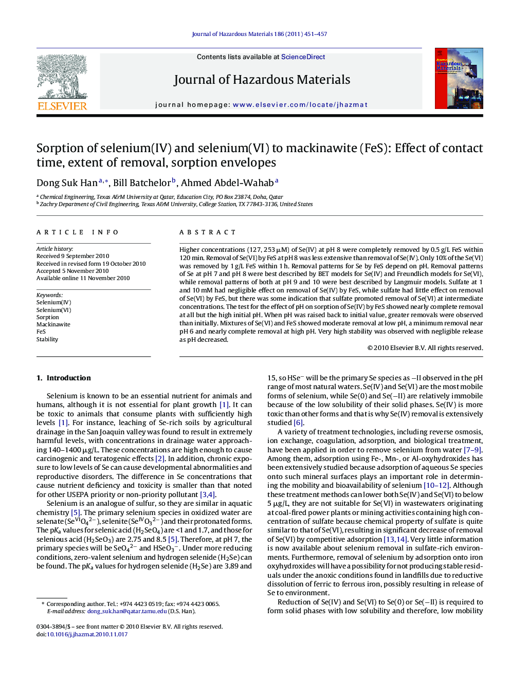 Sorption of selenium(IV) and selenium(VI) to mackinawite (FeS): Effect of contact time, extent of removal, sorption envelopes