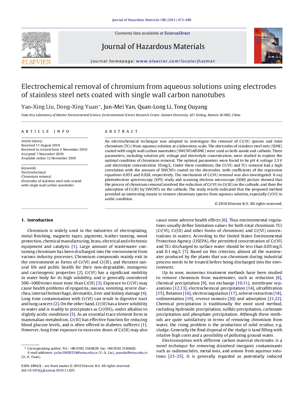 Electrochemical removal of chromium from aqueous solutions using electrodes of stainless steel nets coated with single wall carbon nanotubes