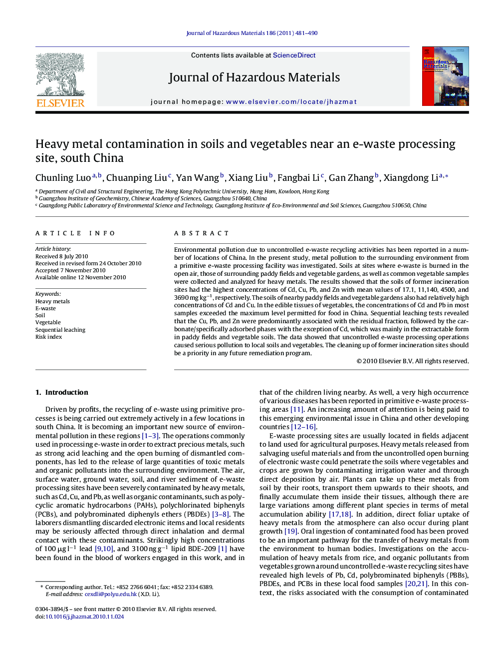 Heavy metal contamination in soils and vegetables near an e-waste processing site, south China