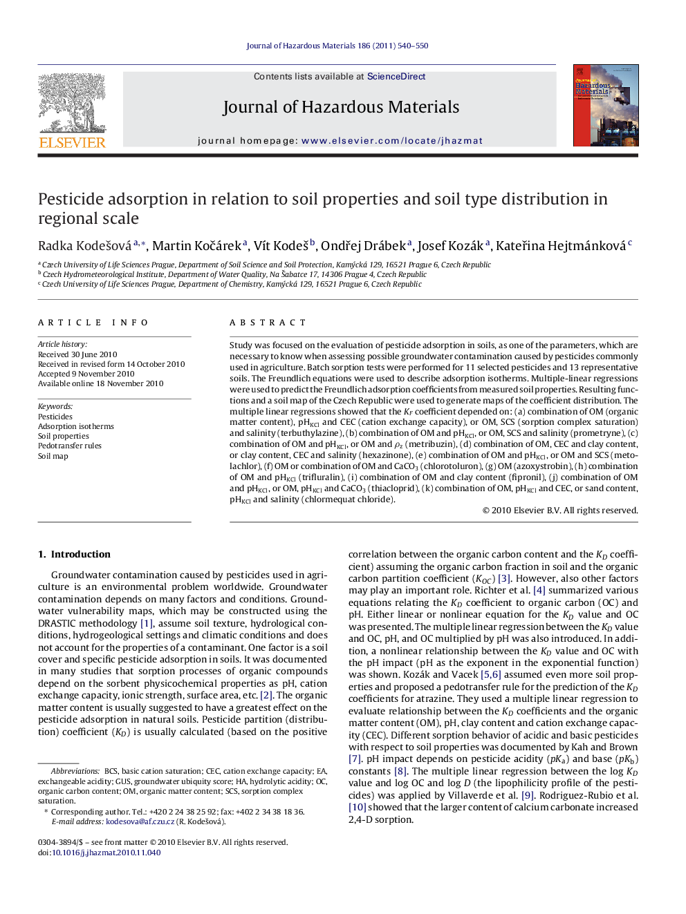 Pesticide adsorption in relation to soil properties and soil type distribution in regional scale