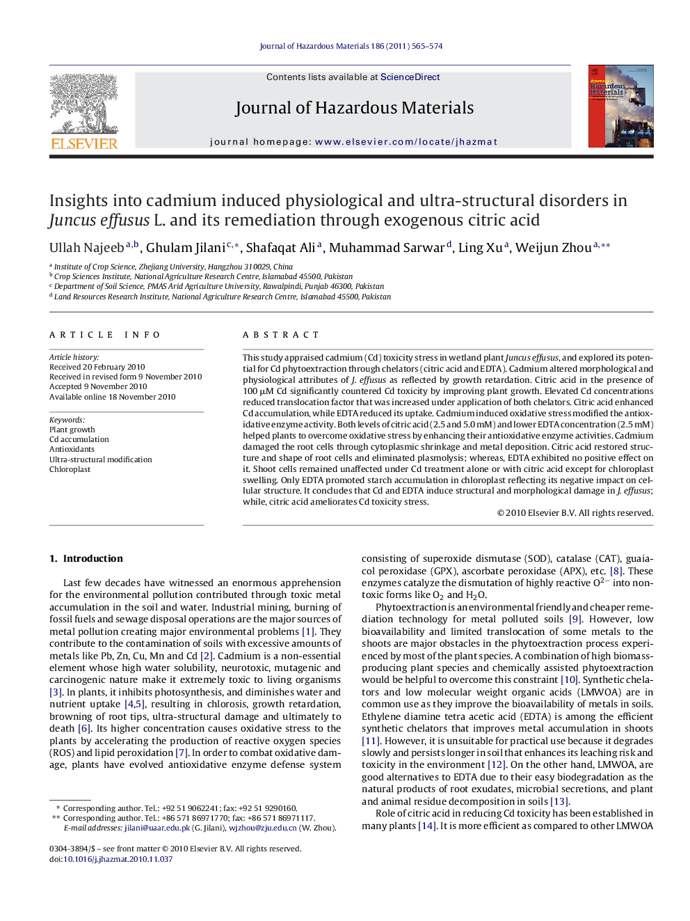 Insights into cadmium induced physiological and ultra-structural disorders in Juncus effusus L. and its remediation through exogenous citric acid