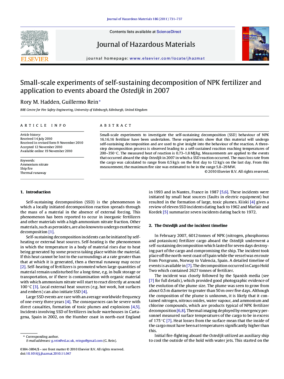 عکس صفحه اول مقاله: Small-scale experiments of self-sustaining decomposition of NPK fertilizer and application to events aboard the Ostedijk in 2007 Small-scale experiments of self-sustaining decomposition of NPK fertilizer and application to events aboard the Ostedijk in 2007