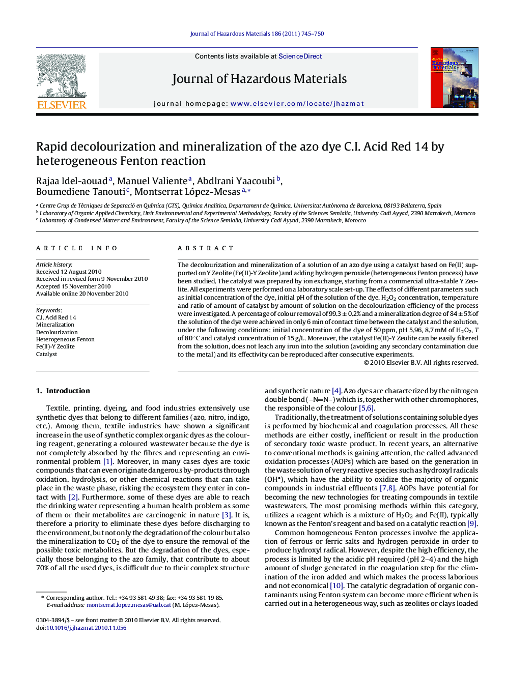 Rapid decolourization and mineralization of the azo dye C.I. Acid Red 14 by heterogeneous Fenton reaction