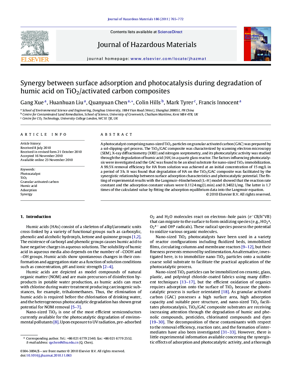 Synergy between surface adsorption and photocatalysis during degradation of humic acid on TiO2/activated carbon composites