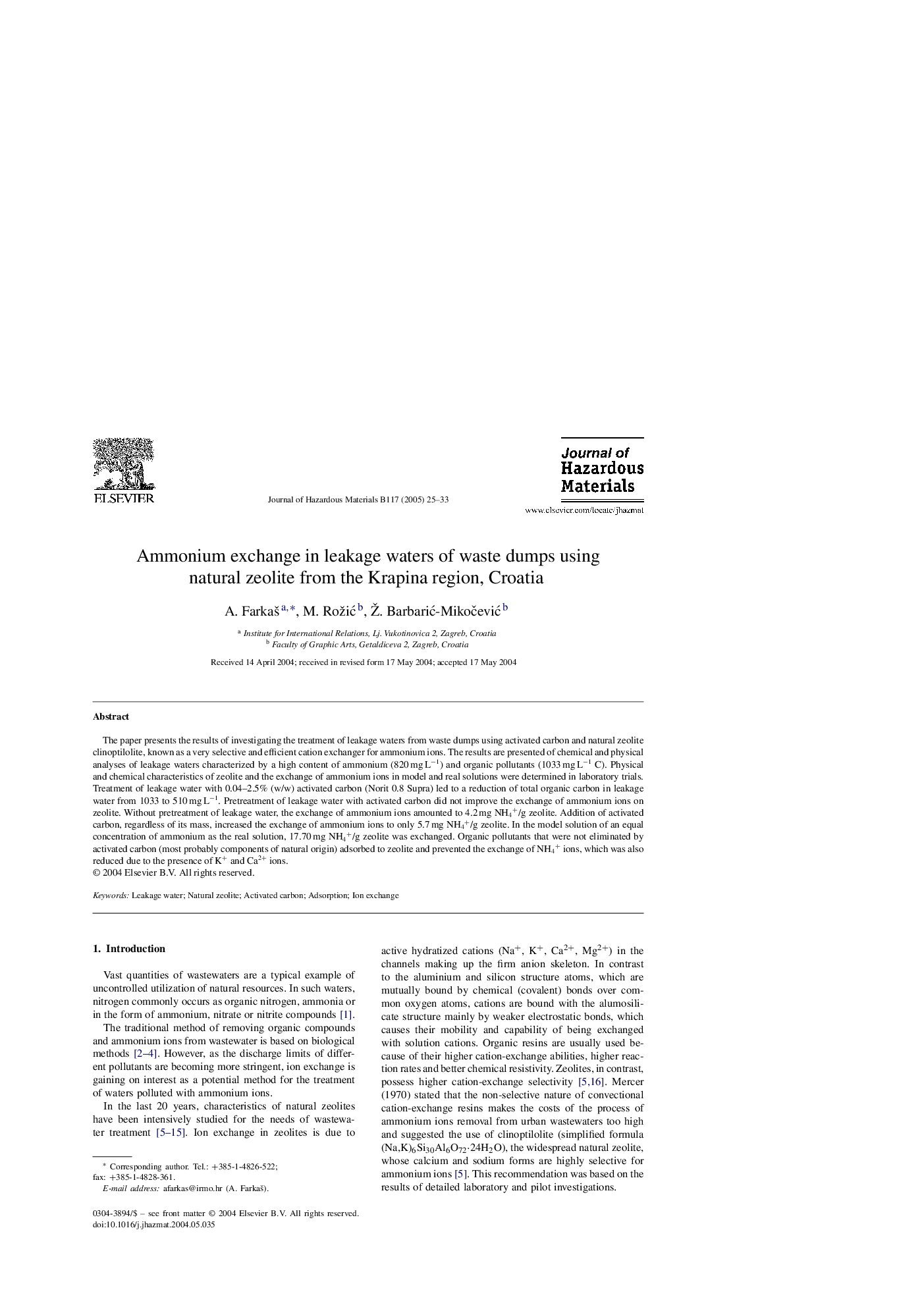 Ammonium exchange in leakage waters of waste dumps using natural zeolite from the Krapina region, Croatia