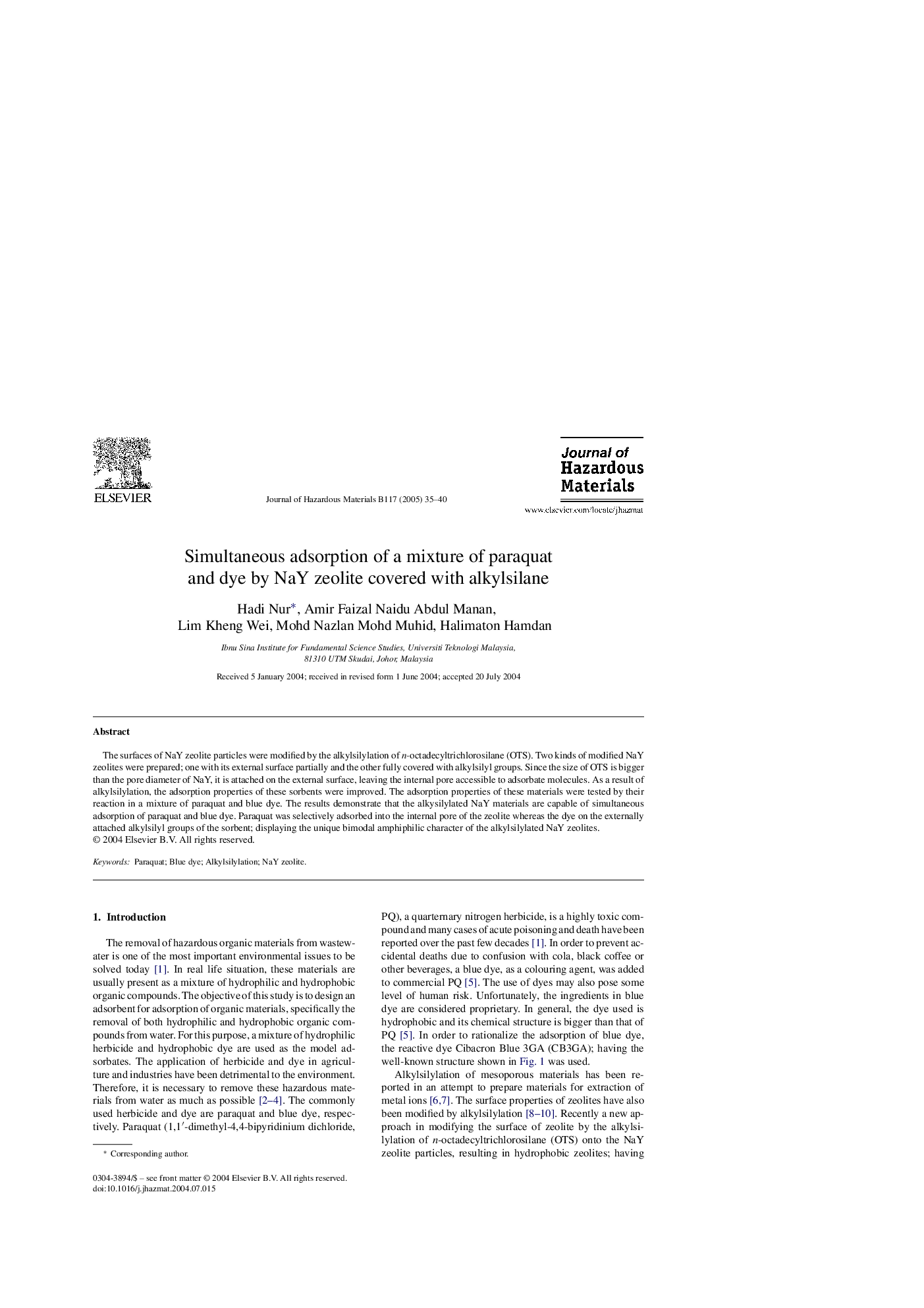 Simultaneous adsorption of a mixture of paraquat and dye by NaY zeolite covered with alkylsilane