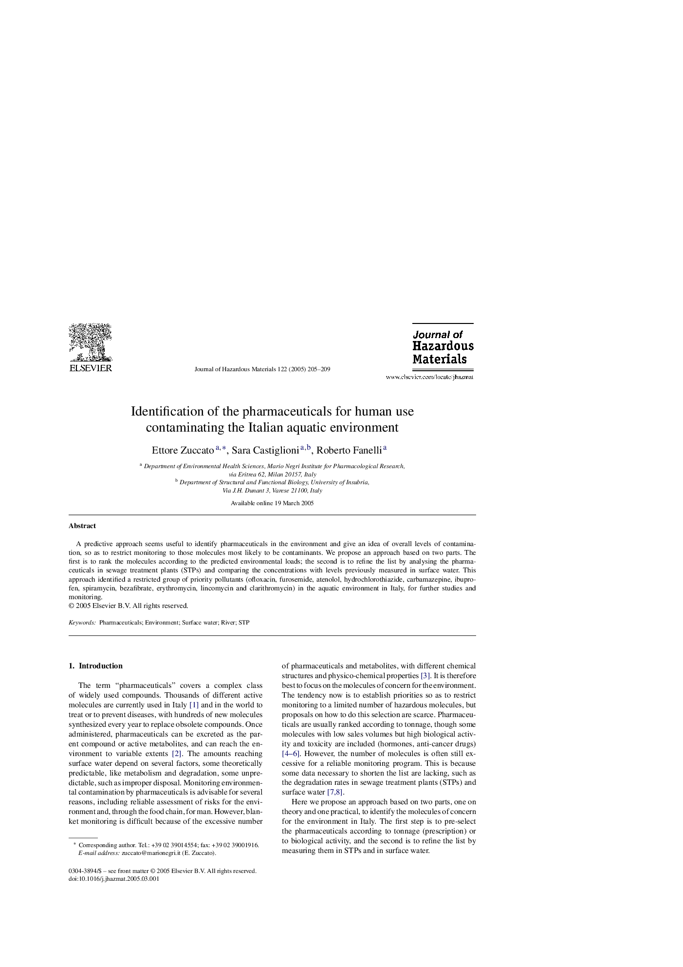 Identification of the pharmaceuticals for human use contaminating the Italian aquatic environment