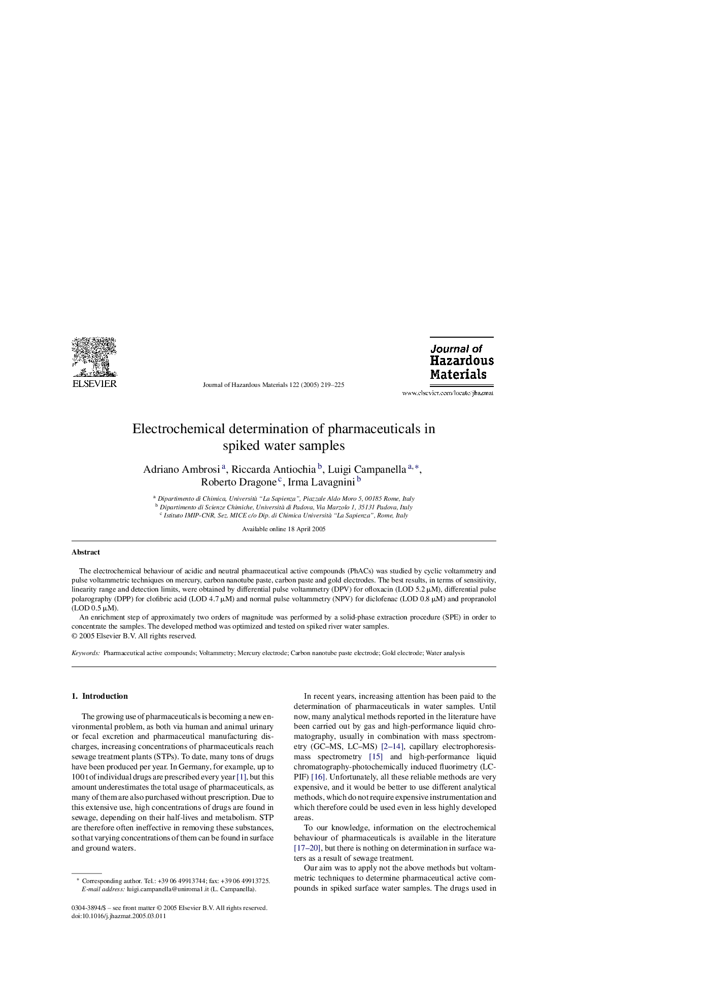 Electrochemical determination of pharmaceuticals in spiked water samples