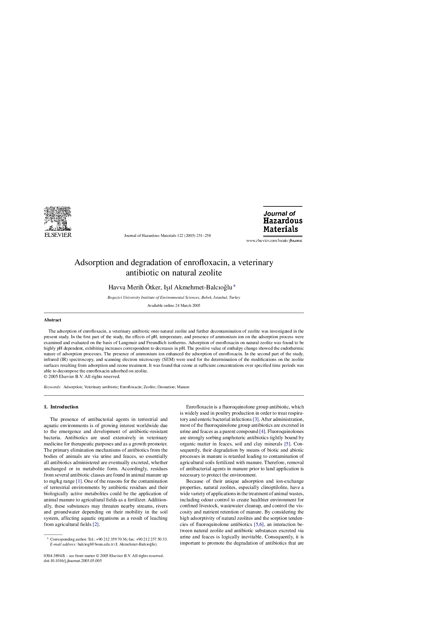 Adsorption and degradation of enrofloxacin, a veterinary antibiotic on natural zeolite