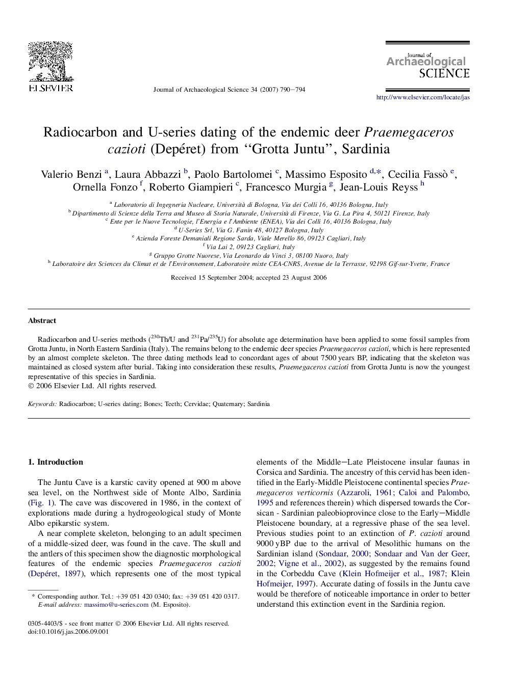 Radiocarbon and U-series dating of the endemic deer Praemegaceros cazioti (Depéret) from “Grotta Juntu”, Sardinia