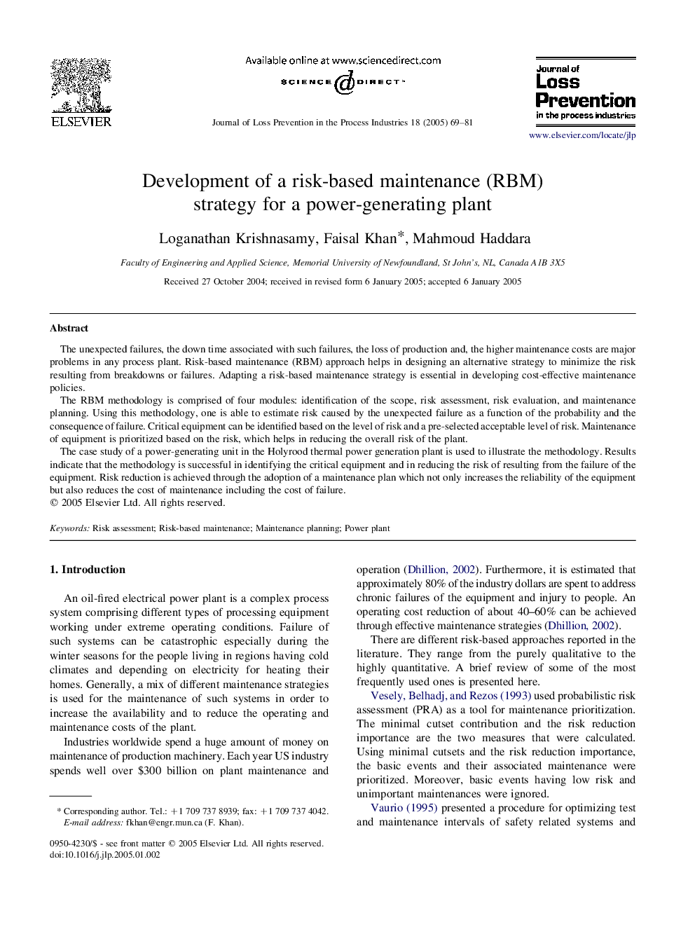 Development of a risk-based maintenance (RBM) strategy for a power-generating plant