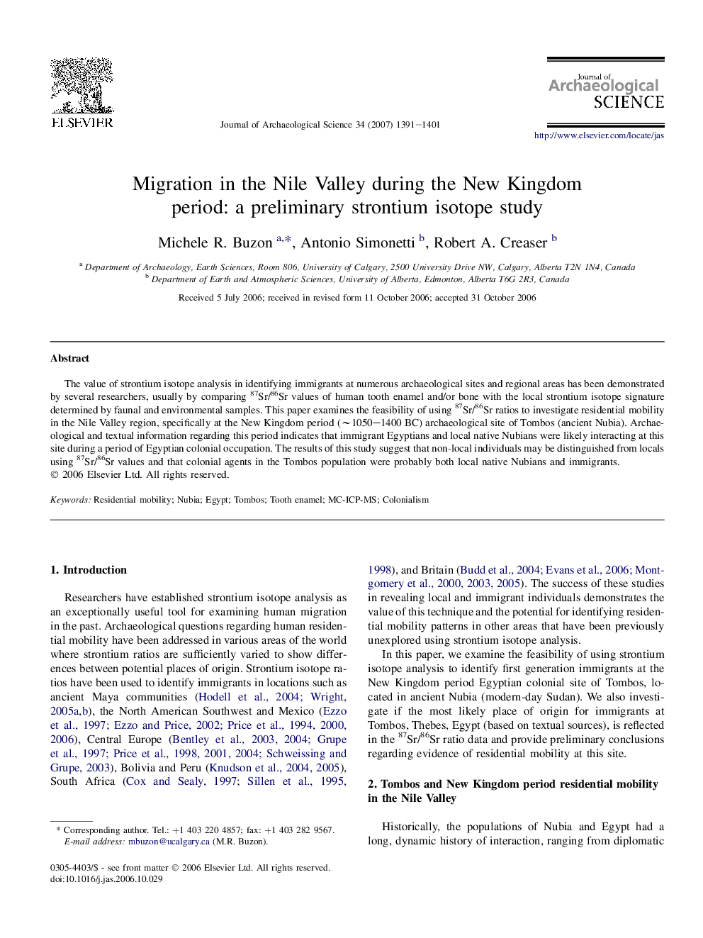 Migration in the Nile Valley during the New Kingdom period: a preliminary strontium isotope study