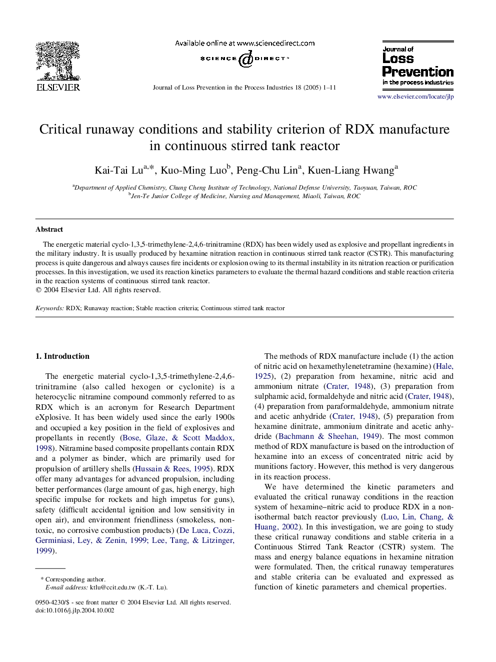 Critical runaway conditions and stability criterion of RDX manufacture in continuous stirred tank reactor