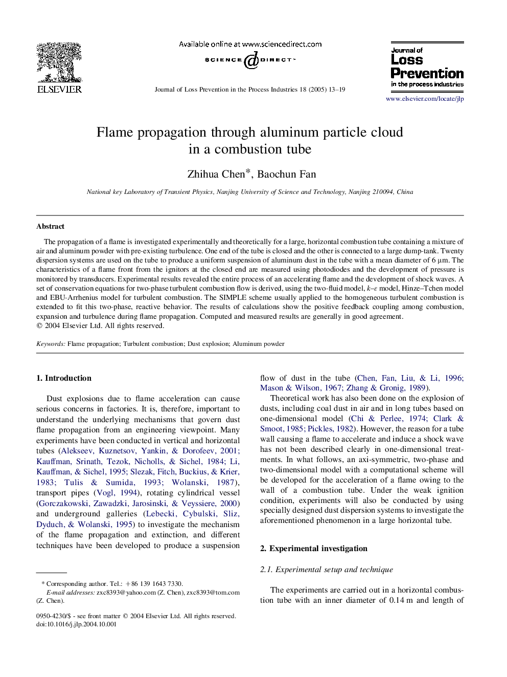 Flame propagation through aluminum particle cloud in a combustion tube