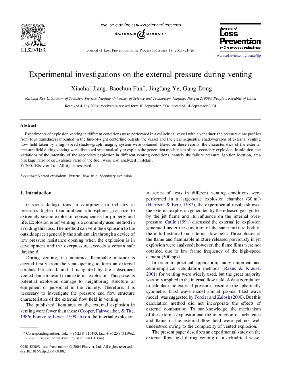 Experimental investigations on the external pressure during venting