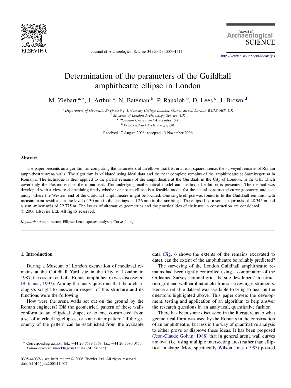 Determination of the parameters of the Guildhall amphitheatre ellipse in London