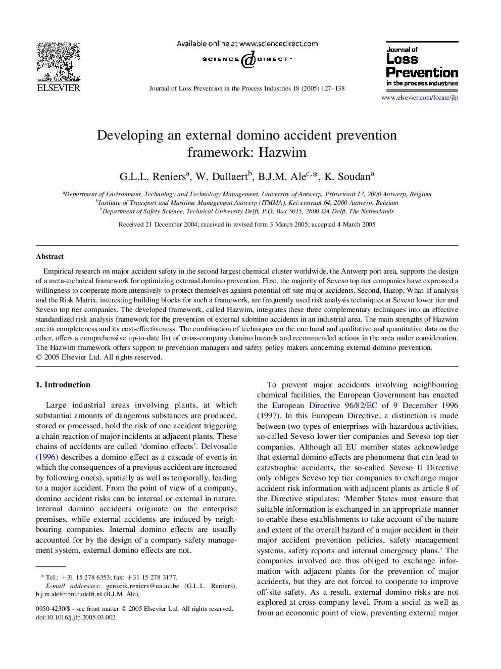 Developing an external domino accident prevention framework: Hazwim