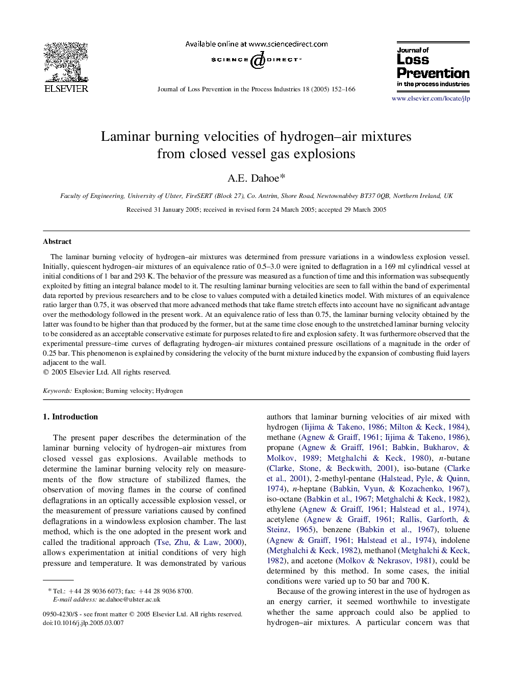 Laminar burning velocities of hydrogen-air mixtures from closed vessel gas explosions