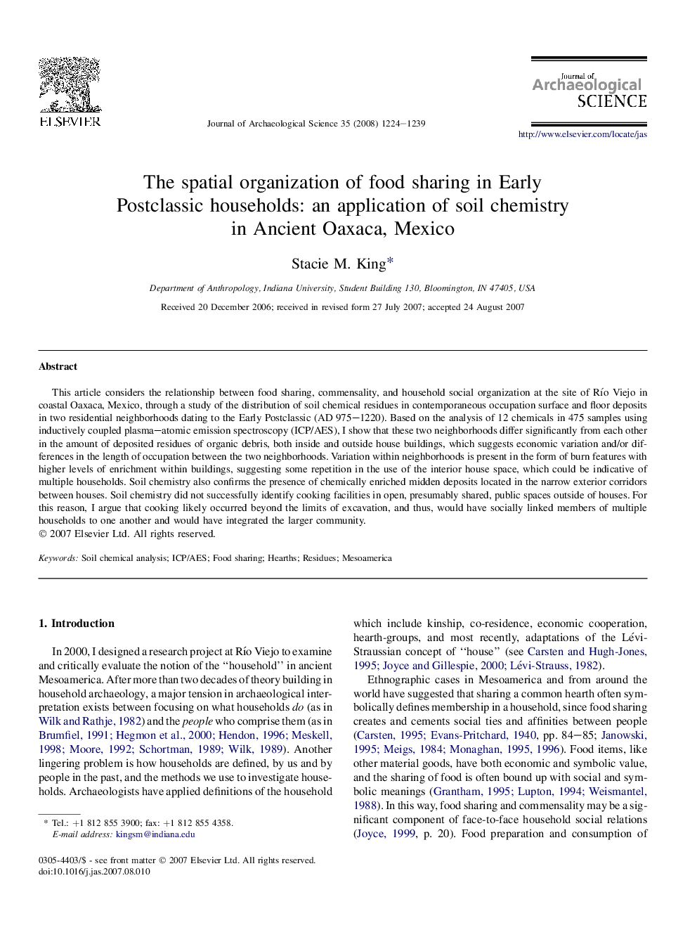 The spatial organization of food sharing in Early Postclassic households: an application of soil chemistry in Ancient Oaxaca, Mexico