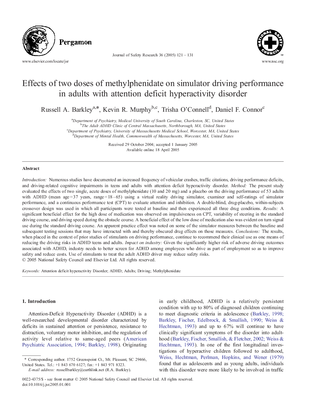 Effects of two doses of methylphenidate on simulator driving performance in adults with attention deficit hyperactivity disorder