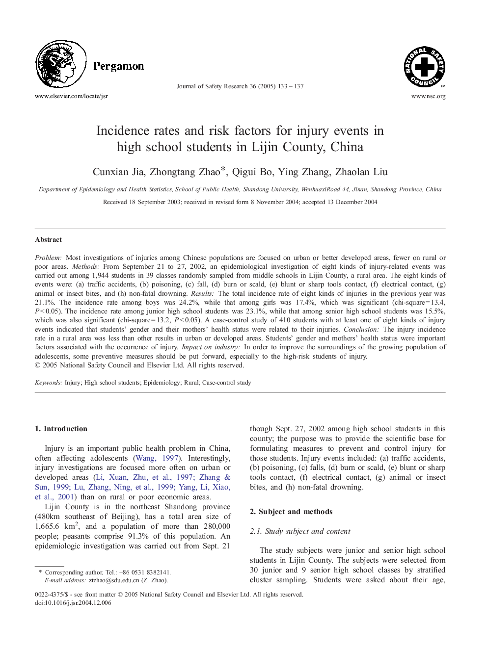 Incidence rates and risk factors for injury events in high school students in Lijin County, China