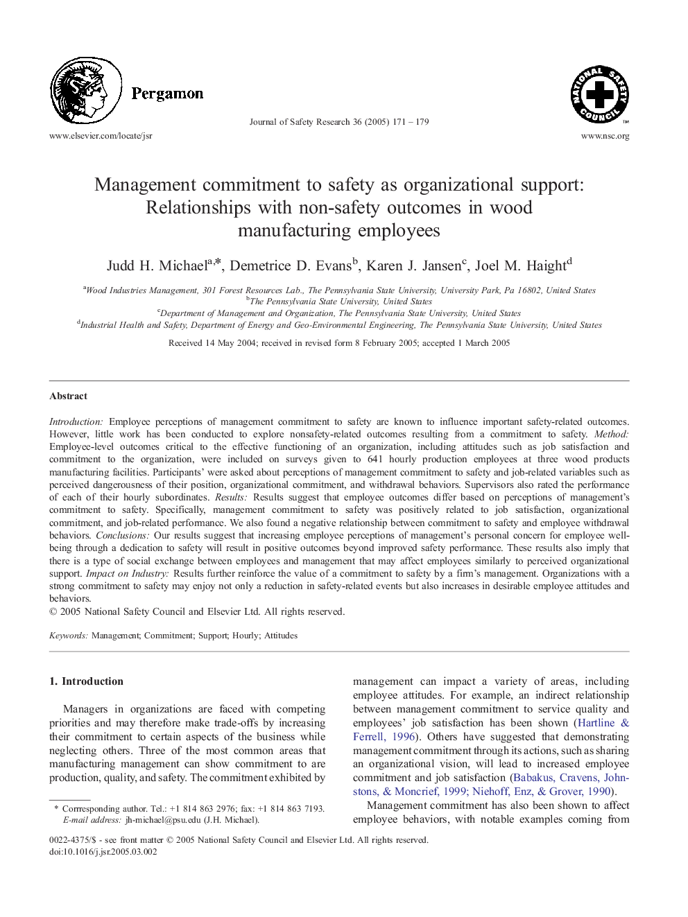 Management commitment to safety as organizational support: Relationships with non-safety outcomes in wood manufacturing employees