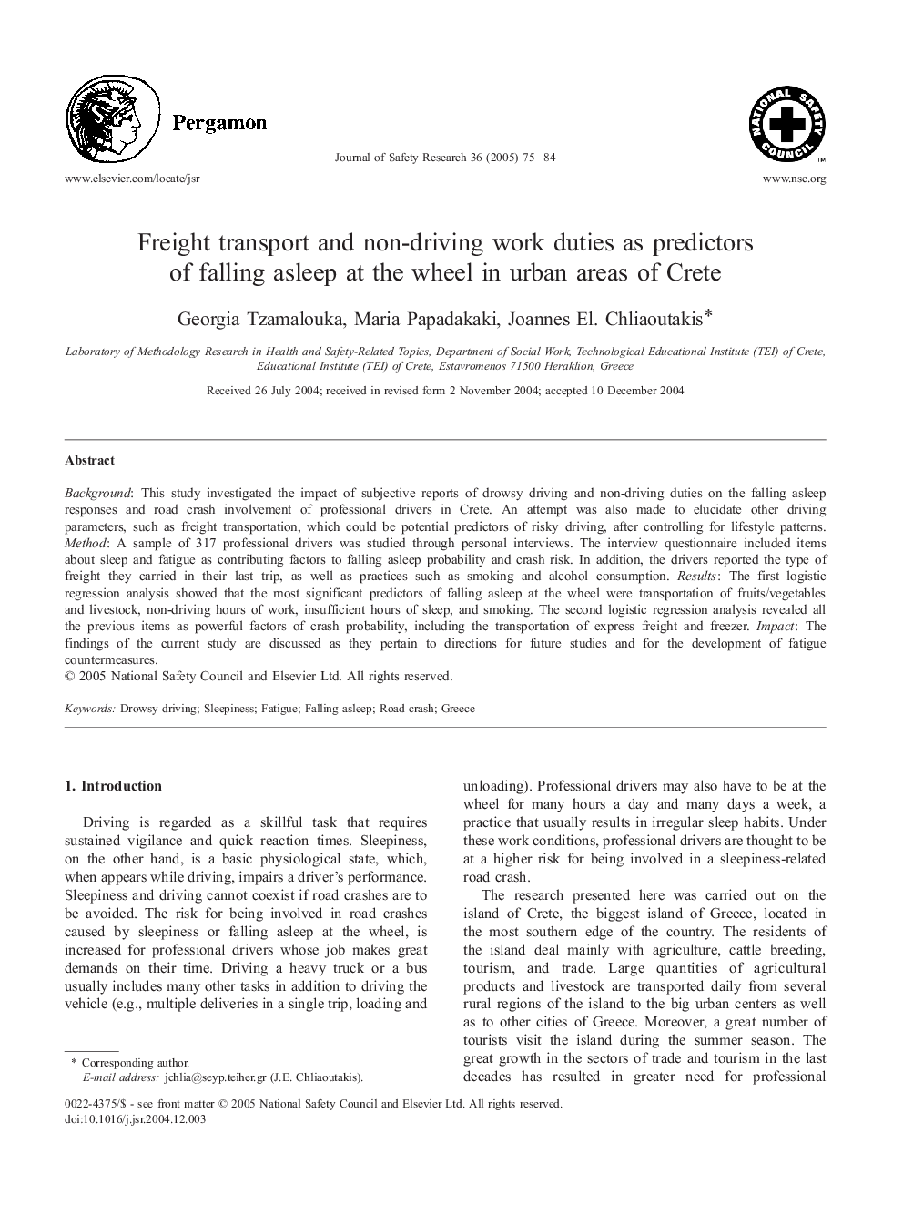 Freight transport and non-driving work duties as predictors of falling asleep at the wheel in urban areas of Crete