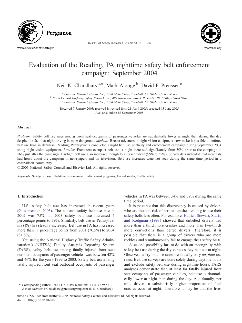 Evaluation of the Reading, PA nighttime safety belt enforcement campaign: September 2004