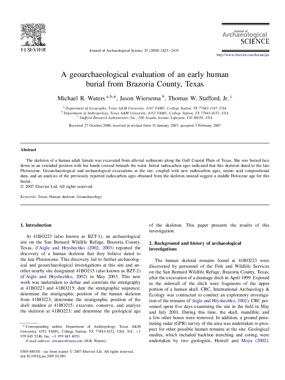 A geoarchaeological evaluation of a reported late Pleistocene human burial from Brazoria County, Texas